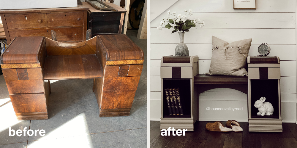 before and after of an antique dressing table station. photo on left shows the original condition looking weathered and worn. Second photo shows the same piece refinished and staged for modern living