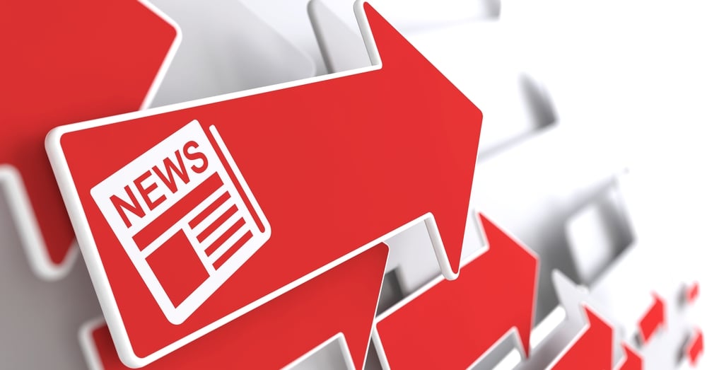 Newspaper Icon with News Title - Red Arrow on a Grey Background. Mass Media Concept.