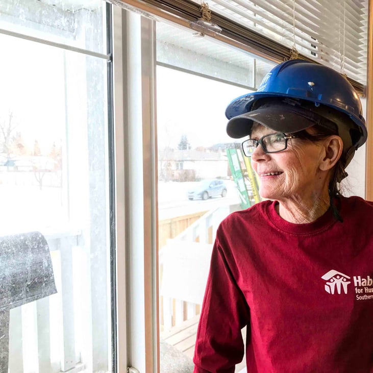 Peggy Bell inside a Habitat build