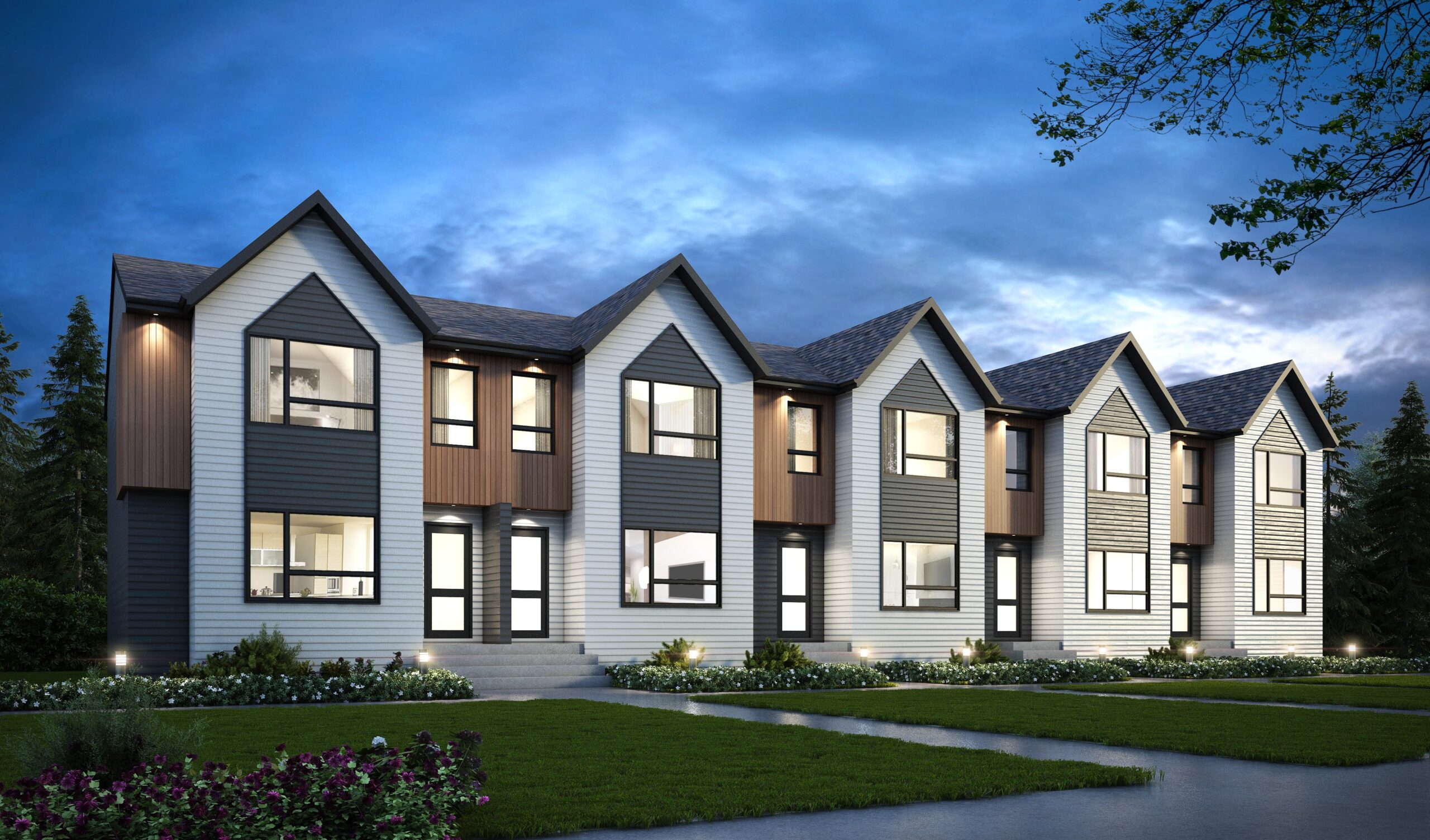 A rendering of a four house row townhome