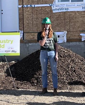 Mary Grant speaks to Industry Build volunteers from Ovintiv.