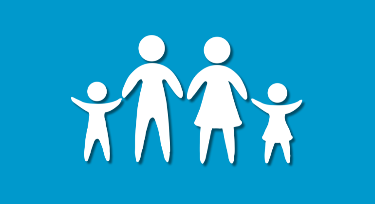 Four icons showing a mom, dad and two children against a Habitat blue background.