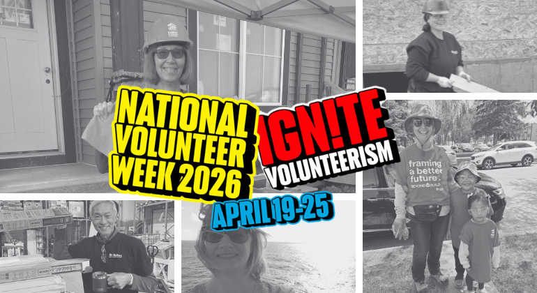 5 black and white photos of volunteers with National Volunteer Week 2026 logo.