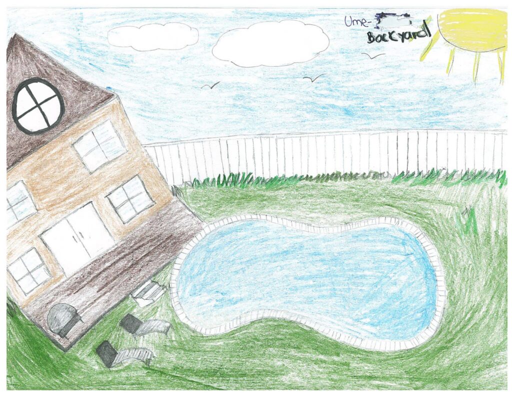 A crayon drawing of a house with a white fence, green grass and a pool. 